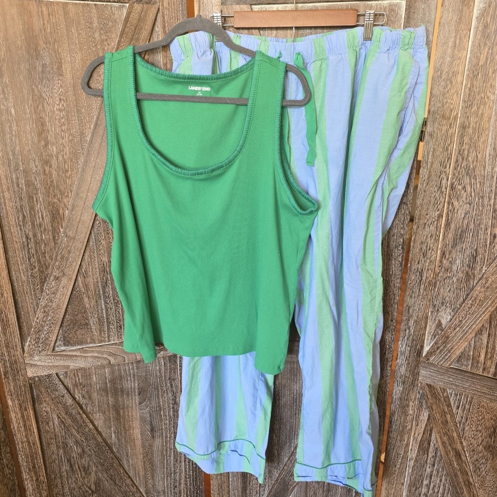 Lands' End Pajamas Women's Size 2X (20-22) Green & Blue Tank Top & Pants Stripes